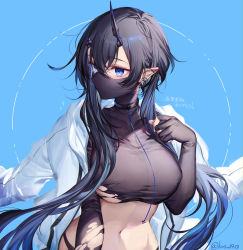 Rule 34 | 1girl, asymmetrical horns, black gloves, black hair, black shirt, blue background, blue eyes, blue hair, blush, breasts, broken horn, crop top, ear piercing, elbow gloves, fingerless gloves, gloves, gradient hair, hair between eyes, highres, horns, jacket, jacket on shoulders, komeshiro kasu, large breasts, looking away, looking to the side, mask, mouth mask, multicolored hair, navel, original, piercing, pointy ears, shirt, simple background, solo, stomach, torn clothes, torn shirt, translation request, twitter username, upper body, white jacket
