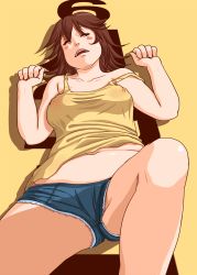 Rule 34 | 1girl, blush, breasts, brown hair, covered erect nipples, closed eyes, highres, kamisuki, lying, medium breasts, on back, open mouth, plump, shorts, solo, tank top