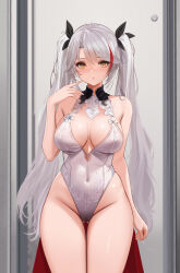 Rule 34 | 1girl, absurdres, awaji, azur lane, blush, breasts, cleavage, highres, large breasts, long hair, looking at viewer, open mouth, prinz eugen (azur lane), solo, thighs, white hair, yellow eyes