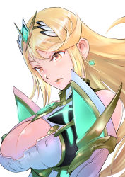 Rule 34 | 1girl, absurdres, bare shoulders, blonde hair, breasts, chest jewel, cleavage, cleavage cutout, clothing cutout, dress, gem, headpiece, highres, large breasts, long hair, mythra (xenoblade), short dress, solo, swept bangs, tiara, ug333333, very long hair, white dress, xenoblade chronicles (series), xenoblade chronicles 2, yellow eyes