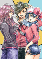 Rule 34 | 1girl, 2boys, blue shorts, breasts, cowboy shot, creatures (company), earrings, ethan (pokemon), eyelashes, game freak, hat, hat ribbon, jewelry, kris (pokemon), lips, long sleeves, looking at viewer, medium hair, multicolored background, multiple boys, nintendo, pokemon, pokemon adventures, ribbon, short shorts, shorts, signature, silver (pokemon), small breasts, standing, star (symbol), star earrings, twintails, wam occa, white hat