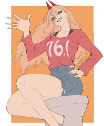 Rule 34 | 1girl, absurdres, arm up, chainsaw man, cross-shaped pupils, flat color, hair between eyes, hand on own hip, head tilt, highres, horns, looking at viewer, pink sweater, power (chainsaw man), red horns, sharp teeth, shorts, sitting, smile, solo, sweater, symbol-shaped pupils, teeth, toilet seat, torn clothes, torn shorts, two-tone background, void dot exe, waving, yellow eyes