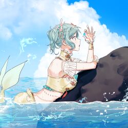 Rule 34 | 1girl, absurdres, aqua hair, bang dream!, beach, beads, cloud, commentary, cuffs, day, detached collar, detached sleeves, green eyes, highres, hikawa hina, mermaid, monster girl, monsterification, ocean, open mouth, outdoors, ponytail, short hair, sidelocks, sky, solo, swimsuit, zihacheol