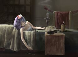 Rule 34 | 1girl, alternate costume, candle, candle wax, candlestand, closed eyes, closed mouth, fine art parody, flower, hair flower, hair ornament, hieda no akyuu, highres, holding, holding paper, long hair, paper, parody, purple hair, smoke, solo, the death of marat, touhou, zhuxie1264852
