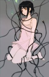 Rule 34 | 1girl, alternate hair color, asymmetrical hair, bad id, bad pixiv id, bad source, bare legs, bare shoulders, black hair, brown eyes, cable, camisole, clothes lift, dress, expressionless, flat chest, floating, hair ornament, iwakura lain, kneeling, looking at viewer, pale skin, parted lips, serial experiments lain, short hair, sidelocks, single sidelock, solo, usb, white camisole, white dress, wire, x hair ornament, xia