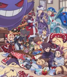 Rule 34 | +++, 4boys, 4girls, :o, acerola (pokemon), alternate color, anger vein, apple, banette, black eyes, black skin, blonde hair, blue headwear, blurry, blurry background, bow, brown fur, candle, carmine (pokemon), cerise, character request, christmas, christmas tree, closed eyes, coat, colored inner hair, colored sclera, colored skin, commentary, creatures (company), crossed bangs, dipplin, dog, english commentary, eusine (pokemon), floating, food, freckles, fruit, fur-trimmed coat, fur trim, furret, game freak, gastly, gen 1 pokemon, gen 2 pokemon, gen 3 pokemon, gen 5 pokemon, gen 6 pokemon, gen 8 pokemon, gengar, gift, greavard, grin, hairband, hat, highres, hisuian typhlosion, hisuian zorua, holding, holding phone, indoors, kieran (pokemon), legendary pokemon, litwick, morty (pokemon), multicolored hair, multiple boys, multiple girls, nickit, ninetales, nintendo, pajamas, pants, pantyhose, phone, plaid, plaid skirt, poke ball, pokemon, pokemon (creature), pokemon hgss, pokemon sm, pokemon sv, pumpkaboo, purple hair, purple headwear, purple skin, red bow, red coat, red eyes, red hair, red hairband, red sclera, red skirt, santa hat, shiny pokemon, sinistcha, sinistea, sitting, skirt, sleeping, smile, snout, socks, suicune, sweater, table, tail, teeth, twintails, two-tone hair, white pants, white pantyhose, white sweater, worm, yellow eyes