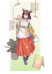 Rule 34 | 1girl, apron, arknights, artist name, black legwear, border, cake, cake slice, choker, commentary request, cup, food, glasses, green background, hair between eyes, hanging light, highres, holding, holding teapot, holding tray, inuko (redconstellation), long sleeves, menu board, plant, potted plant, sandals, sign, silence (arknights), teacup, teapot, tray, white border
