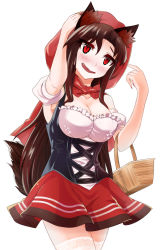 Rule 34 | 1girl, animal ears, bare shoulders, blush, bodice, breasts, brown hair, cleavage, collarbone, dirndl, fang, fingernails, german clothes, highres, hood, imaizumi kagerou, lace, lace-trimmed legwear, lace trim, large breasts, long fingernails, looking at viewer, miniskirt, nail polish, open mouth, red eyes, red hood, red nails, red skirt, sanagi (diohazard), simple background, skirt, solo, tail, thighhighs, touhou, underbust, wavy mouth, white background, white thighhighs, wolf ears, wolf tail, zettai ryouiki
