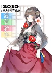 Rule 34 | 10s, 1girl, 2015, artist name, bad id, bad pixiv id, blush, braid, breasts, brown hair, camellia, cleavage, flower, green eyes, hair flower, hair ornament, hair over shoulder, happy new year, hibiscus, long hair, long skirt, looking at viewer, new year, original, red skirt, relly, single braid, skirt, smile, solo, very long hair