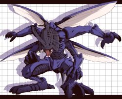 Rule 34 | digimon, digimon (creature), digimon adventure, extra arms, horns, insect wings, kabuterimon, letterboxed, monster, multiple wings, no humans, open mouth, satsuki mei (sakuramochi), shadow, sharp teeth, single horn, solo, teeth, tongue, wings