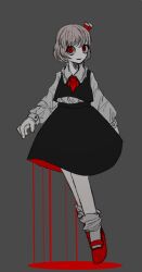 Rule 34 | 1girl, ambiguous red liquid, ascot, black dress, black vest, blonde hair, collared shirt, dress, floating, frilled shirt collar, frills, grey background, hair ribbon, long sleeves, looking at viewer, mary janes, n0een, red ascot, red eyes, red footwear, ribbon, rumia, shirt, shoes, short hair, sideways glance, simple background, smile, third-party source, touhou, vest, white shirt