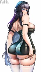 Rule 34 | 1girl, absurdres, armlet, ass, back, bare arms, bare shoulders, black dress, black hair, blue eyes, blush, breasts, closed mouth, cowboy shot, dot nose, dress, from behind, highres, huge ass, large breasts, legs together, long hair, looking at viewer, looking back, multicolored nails, original, plump, rezeharu, shiny clothes, short dress, simple background, skin tight, solo, standing, thighhighs, underbutt, white background, white thighhighs