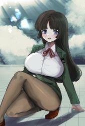 Rule 34 | 1girl, black hair, black pantyhose, blue eyes, blush, breasts, brown footwear, cloud, collared shirt, commission, commissioner upload, green jacket, green skirt, hand on ground, high-waist skirt, highres, houjin exaxxion, jacket, large breasts, long hair, minagata isaka, neck ribbon, open mouth, pantyhose, parted bangs, red ribbon, ribbon, school uniform, shadow, shirt, shishamosama, skeb commission, skirt, sky, smile, solo, squatting, white shirt