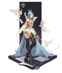 Rule 34 | 1girl, absurdly long hair, absurdres, ass, azur lane, backless dress, backless outfit, bag, bird, black gloves, black panties, black thighhighs, blue hair, breasts, champagne (azur lane), crown, dove, dress, closed eyes, floating, floating headgear, floating object, full body, gloves, headgear, high heels, highres, holding, holding bag, iris libre (emblem), long hair, medium breasts, panties, pantyshot, sideboob, sixteen minus seven, sleeveless, sleeveless dress, solo, standing, standing on one leg, thighhighs, underwear, very long hair, white bird, white dress