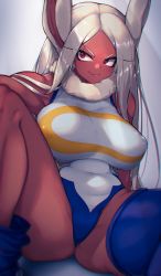 Rule 34 | 1girl, animal ears, bare shoulders, blue thighhighs, boku no hero academia, breasts, commentary, covered erect nipples, covered navel, dark-skinned female, dark skin, fur-trimmed leotard, fur trim, heattech leotard, highres, kashu (hizake), knee up, large breasts, leotard, long hair, mirko, outstretched arm, parted lips, rabbit ears, rabbit girl, red eyes, sitting, smile, solo, spread legs, symbol-only commentary, thick thighs, thighhighs, thighhighs pull, thighs, turtleneck, v-shaped eyebrows, very long hair, white hair, white leotard