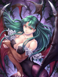 Rule 34 | 1girl, animal print, bare shoulders, bat print, bat wings, black leotard, breast hold, breasts, bridal gauntlets, cleavage, closed mouth, collarbone, covered erect nipples, covered navel, cowboy shot, demon girl, elbow gloves, eyelashes, feather trim, fingernails, gloves, green eyes, green hair, green nails, head wings, highleg, highleg leotard, highres, large breasts, leotard, lips, long fingernails, long hair, looking at viewer, low wings, morrigan aensland, nail polish, nose, pantyhose, print pantyhose, smile, solo, strapless, strapless leotard, toshi, vampire (game), wings