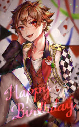 Rule 34 | 1boy, ace trappola, card, collarbone, colorful, flower, formal, hair between eyes, hand on own head, heart, highres, looking at viewer, male focus, multicolored background, open mouth, red eyes, red hair, rose, short hair, sitting, suit, syatihoko, twisted wonderland