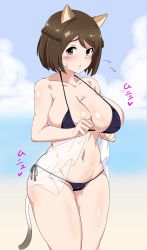 Rule 34 | 1girl, absurdres, animal ears, bad id, bad pixiv id, bikini, black bikini, blush, braid, brave witches, breasts, brown eyes, brown hair, cameltoe, cat ears, cat tail, cleavage, cloud, collarbone, covered erect nipples, cowboy shot, crown braid, curvy, day, highres, huge breasts, legs together, looking at viewer, luminous witches, micro bikini, navel, outdoors, shibuya inori, shiny skin, short hair, solo, standing, strike witches, swimsuit, tail, tavor (m tavor), wide hips, world witches series