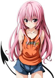Rule 34 | 10s, 1girl, arms behind back, clothes writing, colorized, highres, long hair, nana asta deviluke, pink eyes, pink hair, shorts, solo, tail, to love-ru, to love-ru darkness, transparent background, vest, yabuki kentarou