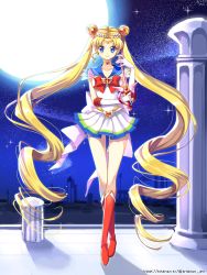 Rule 34 | 1990s (style), 1girl, absurdly long hair, bad id, bad pixiv id, bishoujo senshi sailor moon, bishoujo senshi sailor moon supers, blonde hair, blue eyes, blue sailor collar, boots, bow, brooch, choker, double bun, elbow gloves, full body, gloves, hair bun, hair ornament, hairpin, heart, heart brooch, jewelry, kaleidomoon scope, knee boots, long hair, magical girl, multicolored clothes, multicolored skirt, pillar, pleated skirt, red bow, retro artstyle, ribbon, sailor collar, sailor moon, skirt, smile, solo, standing, super sailor moon, tiara, trianon, tsukino usagi, twintails, very long hair, watermark, web address, white gloves