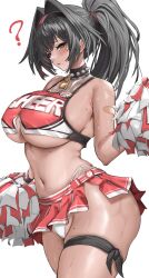 Rule 34 | 1girl, absurdres, armeria, bandaid, bandaid on arm, bare shoulders, bay (nikke), black eyes, black hair, blush, breasts, camel, cheerleader, collar, commentary, covered erect nipples, cowboy shot, crop top, curvy, dark-skinned female, dark skin, english commentary, goddess of victory: nikke, hair between eyes, hair intakes, hairband, high ponytail, highleg, highleg panties, highres, holding, huge breasts, large breasts, long hair, looking at viewer, midriff, miniskirt, mole, mole on stomach, mole on thigh, mole under mouth, navel, official alternate costume, panties, parted lips, pleated skirt, pom pom (cheerleading), ponytail, red skirt, simple background, skirt, solo, spiked collar, spikes, standing, star sticker, sticker on face, stomach, sweat, thick thighs, thigh strap, thighs, underboob, underwear, white background, wide hips