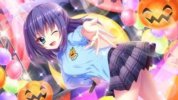 Rule 34 | 1girl, aqua eyes, balloon, bat (animal), blue hair, breasts, concert, dot nose, film grain, from side, game cg, halloween, hand on own hip, holding, holding microphone, honjou kasumi, izumi tsubasu, jack-o&#039;-lantern, kindergarten uniform, leaning forward, lens flare, looking at viewer, medium breasts, medium hair, microphone, name tag, non-web source, official art, one eye closed, open mouth, outstretched arm, plaid, plaid skirt, re:stage!, reaching, reaching towards viewer, skirt, smile, solo, sparkle, stage, stage lights, tile floor, tiles
