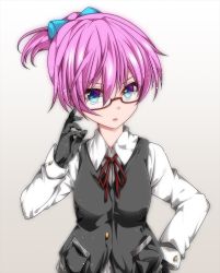 Rule 34 | 10s, 1girl, bad id, bad pixiv id, black gloves, blue eyes, eyebrows, glasses, gloves, gradient background, hair ornament, hikobae, kantai collection, long sleeves, looking at viewer, multicolored eyes, neck ribbon, pink hair, ponytail, purple eyes, red-framed eyewear, red ribbon, ribbon, semi-rimless eyewear, shiranui (kancolle), shirt, short hair, solo, under-rim eyewear, upper body, vest, white shirt