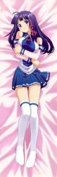 Rule 34 | 1girl, bed, blue skirt, dakimakura (medium), full body, os-tan, purple hair, skirt, solo, thighhighs, xp-tan