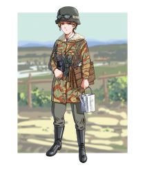 Rule 34 | 1girl, absurdres, belt, belt buckle, black footwear, blonde hair, blue eyes, blurry, blurry background, boots, border, breast pocket, bucket, buckle, camouflage, camouflage jacket, carrying, collared shirt, commentary, english commentary, full body, fur collar, german army, goggles, goggles on headwear, grey pants, helmet, highres, holding, holding bucket, jacket, knee boots, long jacket, long sleeves, looking at viewer, low ponytail, combat helmet, nazi, original, outdoors, outside border, pants, pocket, ponytail, rope, shirt, soldier, standing, tudou jun, white border, white shirt, world war ii