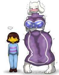 Rule 34 | 1boy, 1girl, breasts, clothes, colored skin, covered erect nipples, enigi09, frisk (undertale), highres, large breasts, looking at viewer, pussy juice, simple background, size difference, toriel, undertale, white background, yellow skin