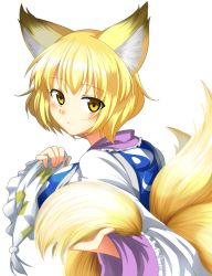 Rule 34 | 1girl, animal ears, blonde hair, female focus, fox ears, fox tail, hat, unworn hat, unworn headwear, holding, holding own tail, holding with tail, japanese clothes, long sleeves, looking at viewer, looking back, mitsuami, multiple tails, prehensile tail, short hair, solo, tabard, tail, touhou, transparent background, white background, wide sleeves, yakumo ran, yellow eyes