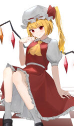 Rule 34 | 1girl, absurdres, arm support, ascot, bad hands, blonde hair, closed mouth, feet out of frame, flandre scarlet, hand up, hat, highres, knees together feet apart, mob cap, palulap, puffy short sleeves, puffy sleeves, red eyes, red vest, ribbon, shoes, short hair with long locks, short sleeves, simple background, sitting, skirt, smile, socks, solo, touhou, vest, white background, white hat, wings