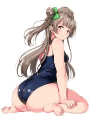 Rule 34 | absurdres, ass, ass focus, blue one-piece swimsuit, competition school swimsuit, feet, from behind, full body, highres, love live!, love live! school idol project, minami kotori, one-piece swimsuit, school swimsuit, shinonon (iso shino), simple background, sitting, skindentation, smug, solo, swimsuit, tagme, thighs, white background