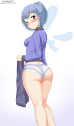 Rule 34 | 1girl, ass, bare legs, blue hair, blush, breasts, brown eyes, from behind, highres, kainkout, legs, long sleeves, looking at viewer, open mouth, original, panties, ponytail, shiny skin, short hair, sideboob, solo, underwear