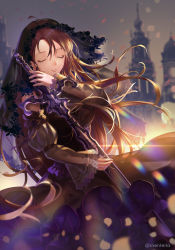 Rule 34 | 1girl, bad id, bad pixiv id, black dress, blurry, blurry background, brown hair, crying, detached sleeves, dress, closed eyes, facing viewer, fantasy, highres, holding, holding sword, holding weapon, lens flare, long hair, original, puffy sleeves, shenteita, solo, standing, sword, twitter username, veil, very long hair, weapon