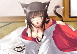Rule 34 | 1girl, animal ears, bed, black hair, cat ears, cat tail, collar, green eyes, japanese clothes, kimono, kyougoku touya, leash, long hair, miko, open mouth, original, slave, solo, tail, tongue, tongue out