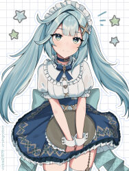 Rule 34 | 1girl, alternate costume, apron, aqua bow, aqua eyes, aqua hair, artist name, back bow, blue choker, blue ribbon, blue skirt, bow, breasts, choker, commentary request, cowboy shot, enmaided, faruzan (cafe) (genshin impact), faruzan (genshin impact), frills, genshin impact, hair ornament, highres, holding, holding tray, long hair, looking at viewer, maid, maid apron, maid headdress, medium breasts, official alternate costume, puffy short sleeves, puffy sleeves, ribbon, short sleeves, skirt, solo, star (symbol), symbol-shaped pupils, thighhighs, tray, triangle-shaped pupils, twintails, vickie (cryingrobot), white wrist cuffs, wrist cuffs, x hair ornament, zettai ryouiki