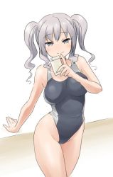 Rule 34 | 10s, 1girl, cellphone, competition swimsuit, grey eyes, highleg, highleg swimsuit, kantai collection, kashima (kancolle), long hair, one-piece swimsuit, phone, silver hair, solo, swimsuit, tamu (mad works), twintails
