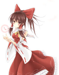 Rule 34 | 1girl, ascot, blush, bow, breasts, brown eyes, brown hair, closed mouth, detached sleeves, falling petals, frilled bow, frilled hair tubes, frills, glowing, hair bow, hair tubes, hakurei reimu, highres, kirieroido iii, long hair, looking at viewer, medium breasts, petals, red bow, red skirt, ribbon-trimmed sleeves, ribbon trim, simple background, skirt, skirt set, smile, solo, touhou, white background, yellow ascot