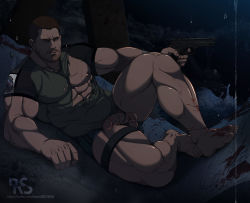 Rule 34 | 1boy, absurdres, bara, bare pectorals, blood, blood splatter, brown hair, buzz cut, chris redfield, covered navel, facial hair, flaccid, foreskin, full body, gluteal fold, green shirt, gun, harness, highres, holding, holding gun, holding weapon, knee up, large pectorals, male focus, muscular, muscular male, nipples, pectorals, penis, resident evil, resident evil 5, ryans, shirt, short hair, short sleeves, solo, stubble, taut clothes, taut shirt, testicles, thick thighs, thighs, torn clothes, torn shirt, uncensored, veins, veiny penis, very short hair, weapon