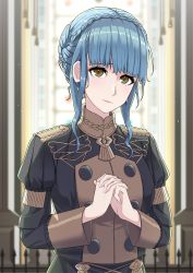 Rule 34 | 1girl, blue hair, braid, brown eyes, church interior, closed mouth, crown braid, fire emblem, fire emblem: three houses, garreg mach monastery uniform, highres, long hair, looking at viewer, marianne von edmund, nintendo, own hands together, portrait, solo, tsunenoriillust, upper body