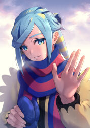 Rule 34 | 1boy, aqua eyes, aqua hair, blue mittens, blue scarf, blurry, breath, commentary request, creatures (company), day, game freak, grusha (pokemon), highres, holding, jacket, looking at viewer, maki (letusgomaki), male focus, mittens, nintendo, outdoors, parted lips, pokemon, pokemon sv, scarf, smile, solo, striped clothes, striped scarf, unworn mittens, upper body, yellow jacket
