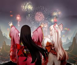 Rule 34 | 2girls, absurdres, adapted costume, aerial fireworks, alternate costume, anger vein, annoyed, arms up, back, bad id, bad pixiv id, black hair, blunt bangs, bow, closed eyes, commentary request, fireworks, floral print, from behind, fujiwara no mokou, hair bow, highres, houraisan kaguya, japanese clothes, kamigakushi no cho sakura, long hair, mountain, mountainous horizon, multiple girls, new year, obi, red bow, sash, sky, standing, touhou, very long hair, white bow, white hair, wide sleeves