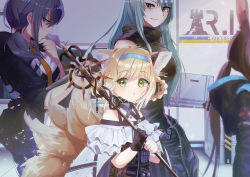 Rule 34 | 4girls, :o, absurdres, amiya (arknights), animal ear fluff, animal ears, arknights, bare shoulders, black gloves, black hair, black jacket, blonde hair, blue hairband, braid, braided hair rings, breasts, brown hair, ch&#039;en (arknights), closed mouth, commentary request, fox ears, fox girl, fox tail, gloves, green eyes, green hair, hair between eyes, hair rings, hairband, hands up, highres, holding, holding staff, hood, hood down, hooded jacket, hoshiguma (arknights), indoors, jacket, kitsune, long hair, looking at viewer, looking to the side, low ponytail, medium breasts, multiple girls, necktie, orange necktie, parted lips, ponytail, rabbit ears, red eyes, ruka (nekokujo red), shirt, single glove, smile, solo focus, staff, suzuran (arknights), tail, twin braids, very long hair, white shirt