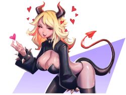 Rule 34 | 1girl, bent over, black collar, black panties, black thighhighs, blonde hair, breasts, cleavage, collar, demon girl, demon tail, fangs, half-closed eyes, heart, highres, horns, large breasts, long hair, original, panties, reagan long, red hair, saliva, shiny skin, smile, solo, spiked collar, spikes, tail, teeth, thighhighs, tongue, tongue out, underwear, upper teeth only