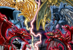 Rule 34 | 6+boys, absurdres, armor, artist request, battle, blue skin, blue theme, blue tongue, breastplate, clash, claws, clenched hand, clenched hands, clenched teeth, cloud, cloudy sky, colored skin, colored tongue, demon, demon wings, dragon, duel monster, electricity, epic, extra mouth, fake horns, fangs, fighting, fire, flying, full armor, gauntlets, giant, glowing, glowing eyes, gold, gold skin, hamon lord of striking thunder, helmet, highres, horned helmet, horns, joints, lightning, looking at another, male focus, monster, multiple boys, muscular, night, night sky, no humans, obelisk the tormentor, open mouth, osiris the sky dragon, pauldrons, pectorals, raviel lord of phantasms, red eyes, red skin, red theme, sharp teeth, shoulder armor, sky, spikes, tail, teamwork, teeth, the winged dragon of ra, tongue, uria lord of searing flames, wings, yellow eyes, yellow skin, yu-gi-oh!, yu-gi-oh! duel monsters, yu-gi-oh! gx