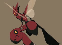 Rule 34 | brown background, commentary request, creatures (company), from behind, game freak, gen 2 pokemon, highres, horns, looking back, nintendo, no humans, oimo kenpi, orange eyes, pokemon, pokemon (creature), scizor, simple background, solo, wings