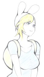Rule 34 | 1girl, adventure time, animal hood, animification, backpack, bag, blonde hair, blue eyes, breasts, cartoon network, collarbone, fionna campbell, highres, hood, large breasts, non-web source, rabbit hood, shirt, sketch, smile, solo, t-shirt