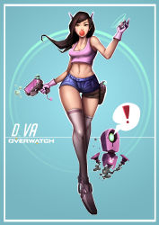 Rule 34 | !, 1girl, absurdres, animal print, bare shoulders, benjamin leong, blue shorts, breasts, brown eyes, brown hair, bubble, blowing bubbles, character name, charm (object), chewing gum, collarbone, copyright name, crop top, crossed legs, d.va (overwatch), eyelashes, facepaint, facial mark, full body, gloves, gun, hand up, handgun, headphones, highres, holding, holding gun, holding weapon, holster, legs together, long hair, matching hair/eyes, medium breasts, midriff, navel, nose, overwatch, overwatch 1, pink gloves, pink shirt, rabbit print, shirt, shoes, short shorts, shorts, sleeveless, solo, standing, stomach, swept bangs, thigh gap, thigh holster, thigh strap, thighhighs, weapon, whisker markings, white thighhighs