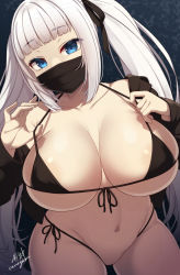 1girl bikini black_bikini black_jacket blue_eyes blunt_bangs breasts cleavage collarbone commentary_request cowboy_shot highres jacket large_breasts long_hair looking_at_viewer mask micro_bikini mouth_mask navel original samegami side-tie_bikini_bottom sidelocks signature skindentation solo stomach swimsuit twintails underwear very_long_hair white_hair